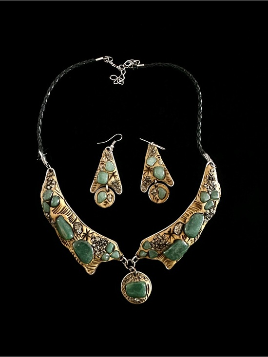 Jewelry - Gold-Tone Green Stone Statement Necklace & Earring Set